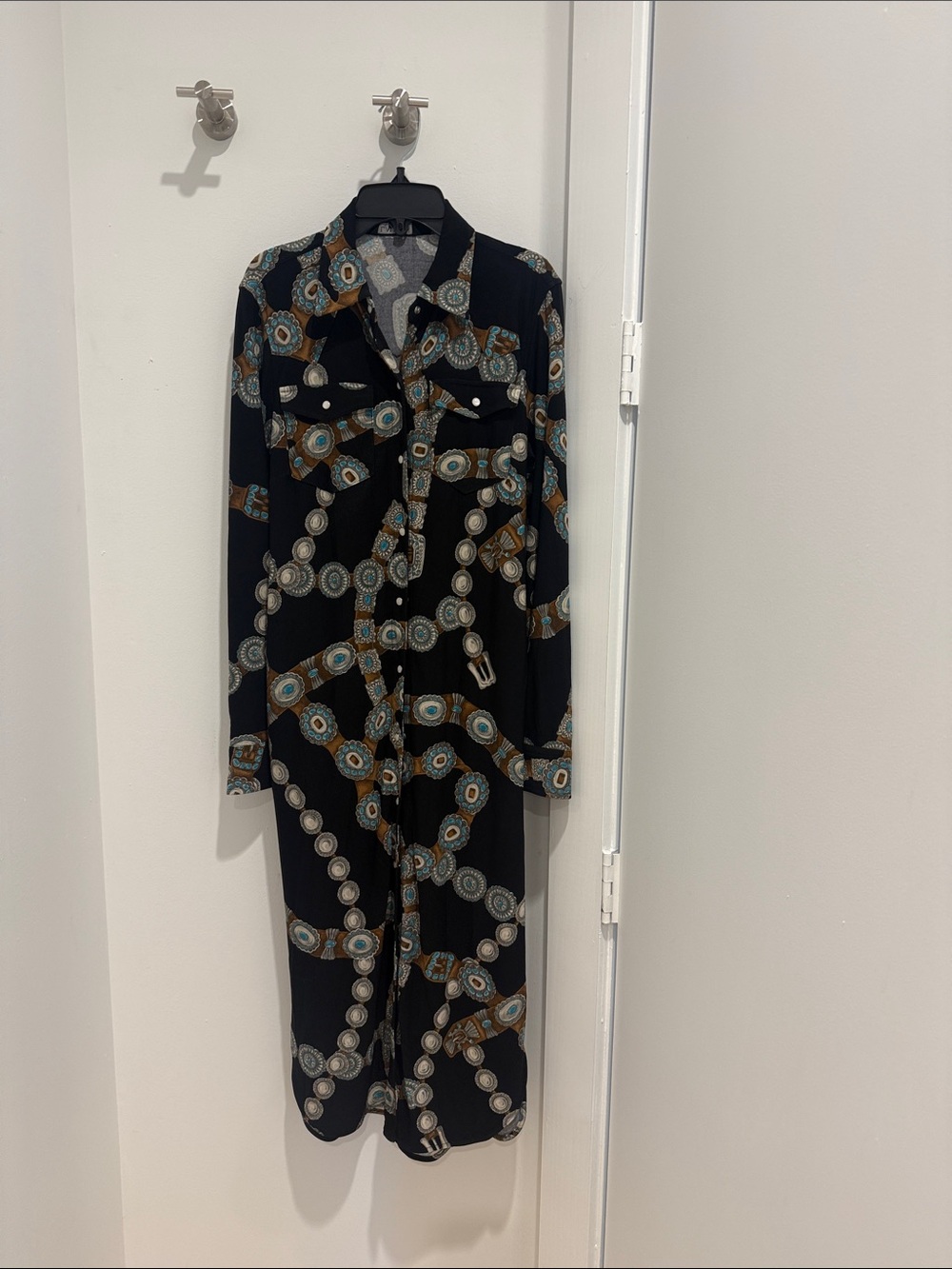 Lauren Ralph Lauren Black Printed Long-Sleeve Shirt Dress with Waist Tie